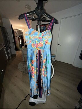 Blue Floral Sundress with Striped Straps